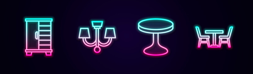 Set line Wardrobe, Chandelier, Round table and Table with chair. Glowing neon icon. Vector