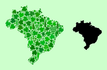 Vector Map of Brazil. Collage of green grape leaves, wine bottles. Map of Brazil collage designed from bottles, grapes, green leaves. Abstract collage is designed for marketing illustrations.