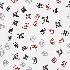 Set line Computer monitor, Sword for game, Case of computer and Chest on seamless pattern. Vector