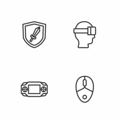 Set line Computer mouse, Portable video game console, Sword for and Virtual reality glasses icon. Vector
