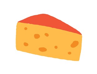 Cheese piece with holes. Swiss snack, dairy product. Triangle part of porous Holland Edam chees. Colored flat vector illustration of maasdam isolated on white background