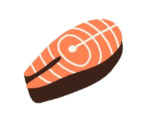 Salmon steak. Fillet piece of red fish. Fresh raw trout, seafood icon drawn in doodle style. Colored flat vector illustration of sea food isolated on white background