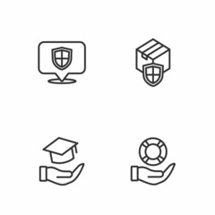 Set line Lifebuoy in hand, Education grant, Location shield and Delivery security with icon. Vector