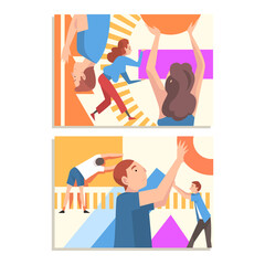 People Characters Assembling and Organizing Colorful Abstract Geometric Shapes Vector Set