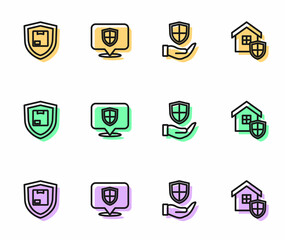 Set line Shield in hand, Delivery security with shield, Location and House icon. Vector