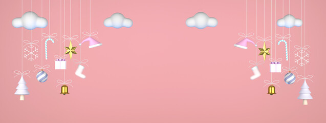 2022 Christmas decorations hanging party on pink background.