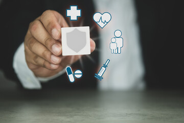 Man holding wood block with virtual screen interface and icon medical network connection.