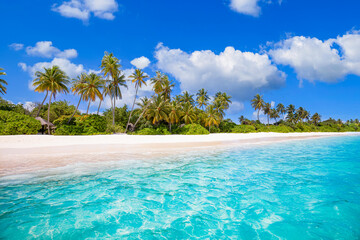 Beautiful palm trees on tropical island beach, blue sky with white clouds and turquoise ocean lagoon on sunny day. Amazing natural landscape for summer vacation, traveling destination. Exotic scenic