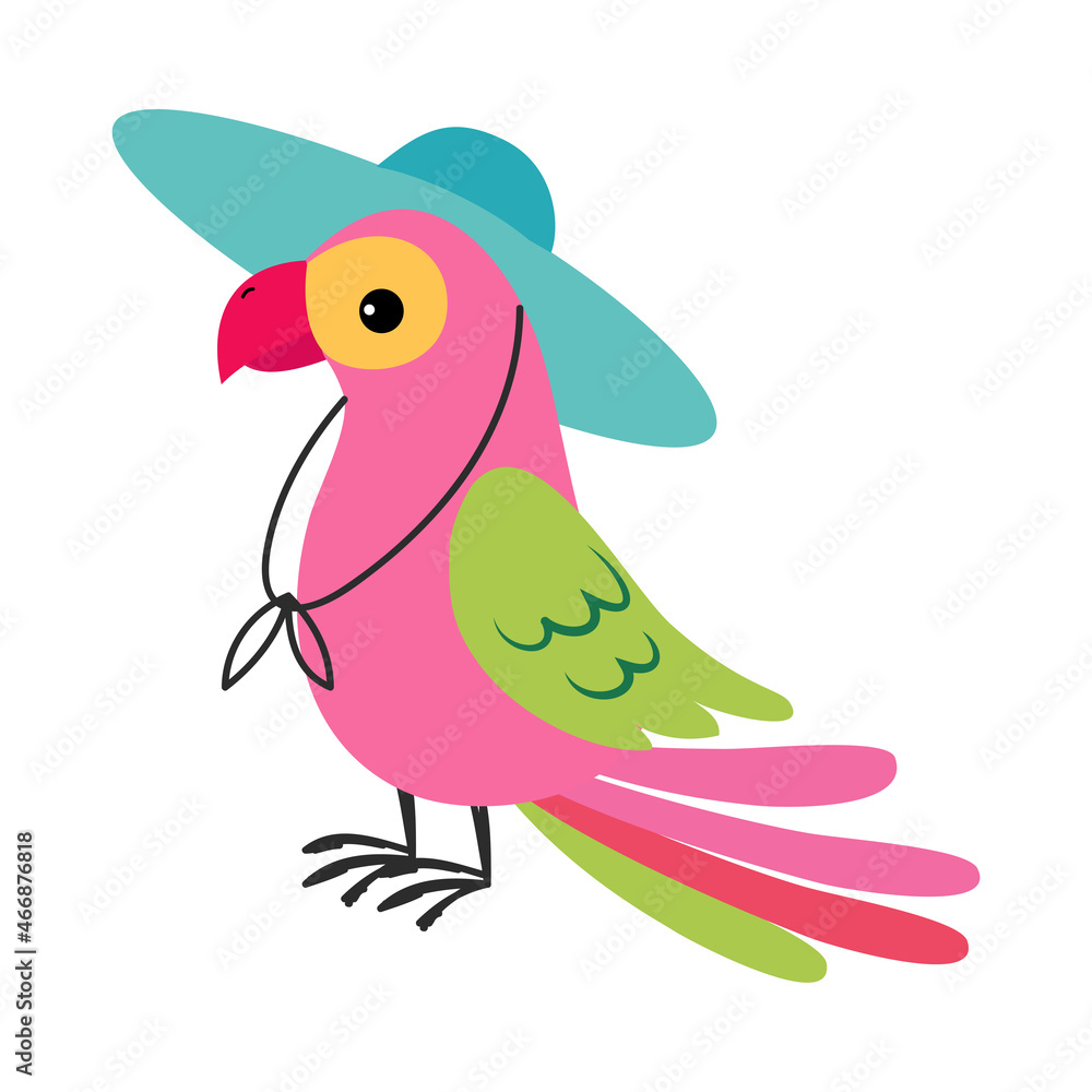 Poster Cute African Parrot Animal in Straw Hat Enjoying Hot Summer Activity Vector Illustration