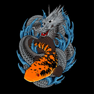 japanese style channa fish and dragon illustration