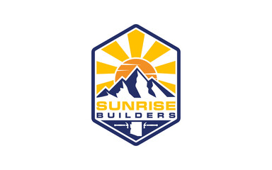 Sunrise with Mountain logo design vector illustration, outdoor adventure.