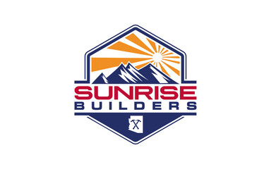 Sunrise with Mountain logo design vector illustration, outdoor adventure.