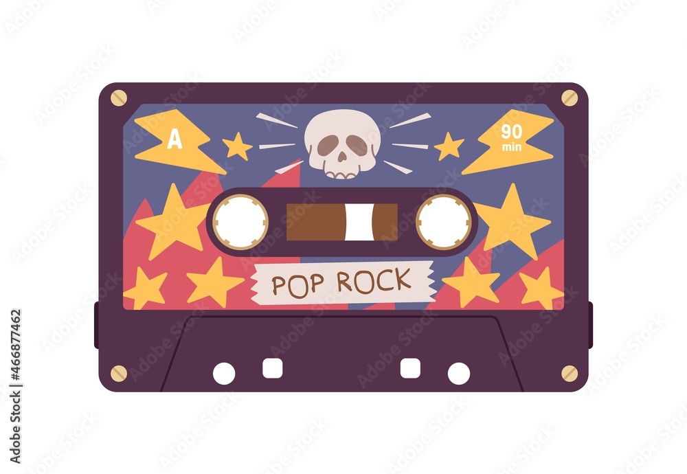 Poster stereo cassette with pop rock music records of 80s and 90s. magnetic audio mix tape. retro analog mi