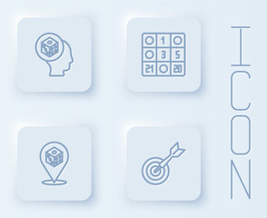 Set line Game dice, Bingo card, and Classic dart board and arrow. White square button. Vector