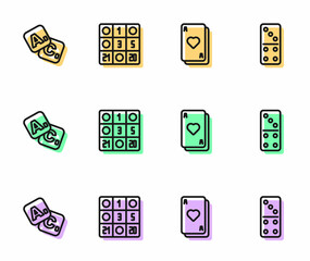 Set line Playing cards, Bingo, and Domino icon. Vector