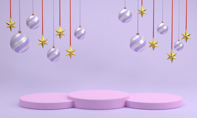 pink podium for display.Christmas ball and golden stars at Christmas festival on a white background.