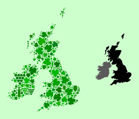 Vector Map of Great Britain and Ireland. Composition of green grape leaves, wine bottles. Map of Great Britain and Ireland collage designed with bottles, grapes, green leaves.