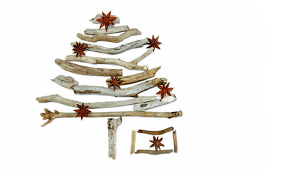 Christmas tree made of dry wood isolated over white background, copy space, xmas and new year symbol, decoration. 