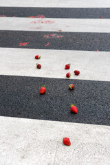 Berries scattered and squashed on a crosswalk