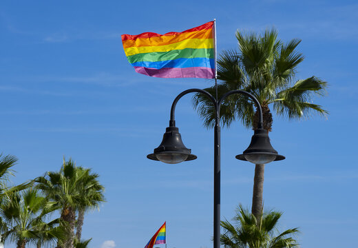 Gay Pride Flag Hanging On A Lamppost