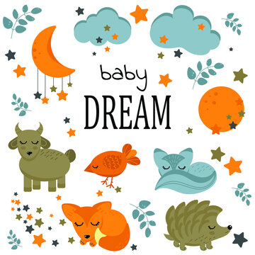 Children illustration with sleepping animals, stars, moon. Wolf cub, chicken, fox, hedgehog, goat cub