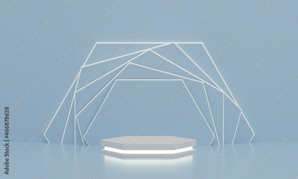 Poster hexagonal podium with a light underneath for product display with modern hexagonal rotated pink back