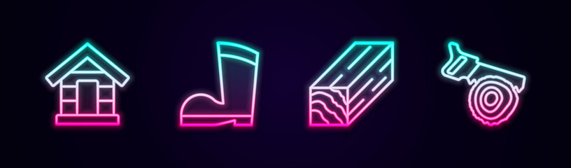 Set line Dog house, Waterproof rubber boot, Wooden beam and Hand saw and log. Glowing neon icon. Vector