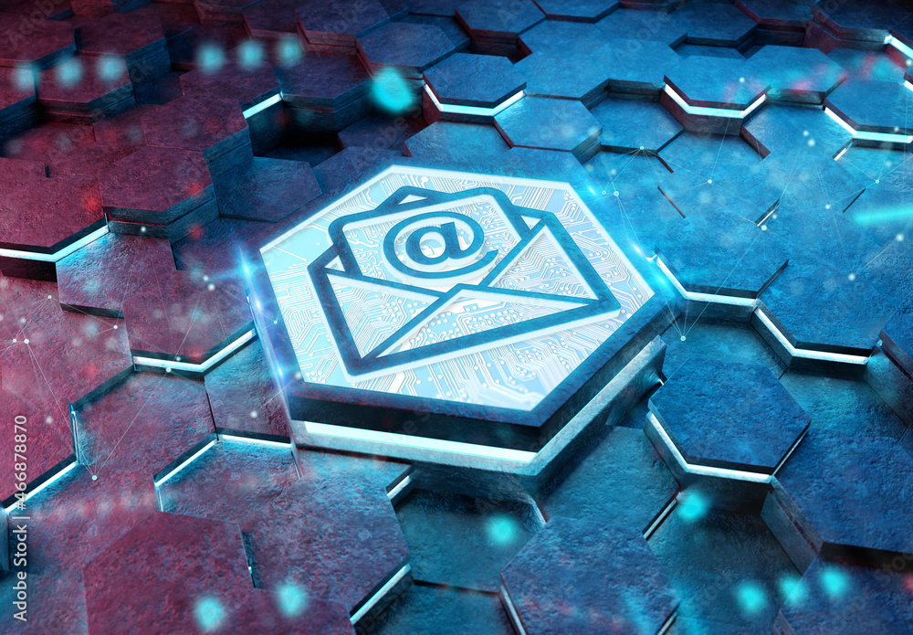 Aufkleber Email icon concept engraved on hexagonal pedestral background. Mail Logo glowing on abstract digital surface. 3d rendering