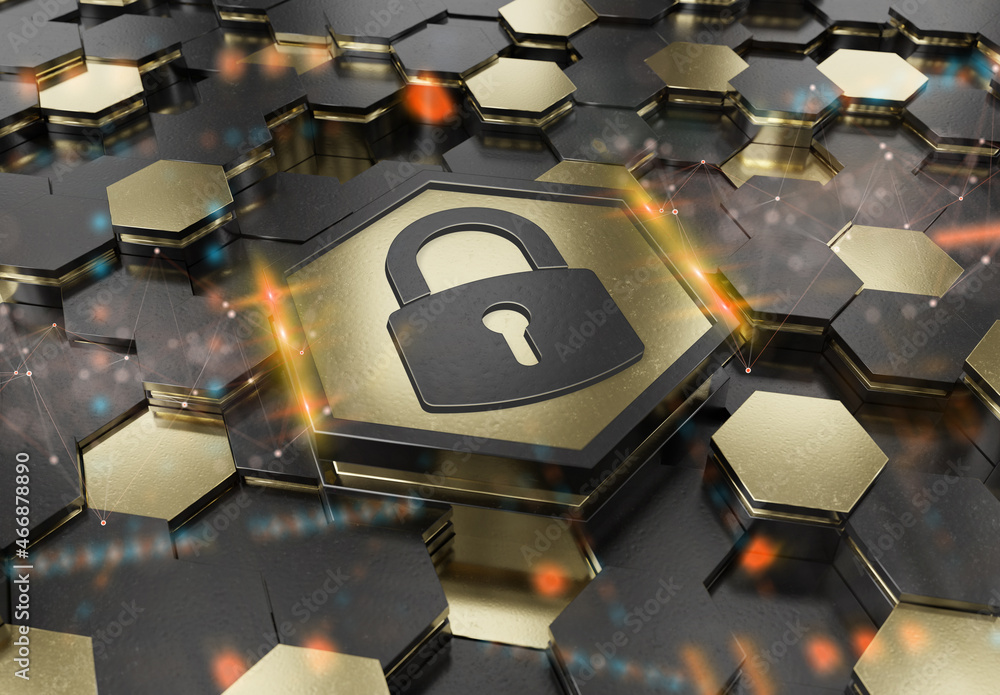 Poster Web security icon concept engraved on gold metal hexagonal pedestral background. Padlock Logo glowing on abstract digital surface. 3d rendering