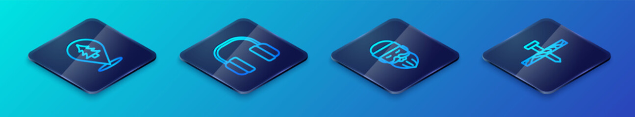 Set Isometric line Lumberjack, Location of the forest, Metallic nail and Headphones icon. Vector