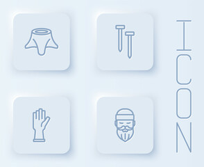 Set line Tree stump, Metallic nails, Protective gloves and Lumberjack. White square button. Vector