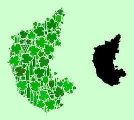 Vector Map of Karnataka State. Collage of green grape leaves, wine bottles. Map of Karnataka State collage designed with bottles, berries, green leaves.