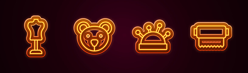 Set line Mannequin, Teddy bear plush toy, Needle bed and needles and Textile fabric roll. Glowing neon icon. Vector