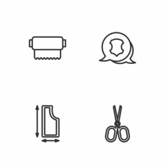 Set line Scissors, Sewing pattern, Textile fabric roll and Leather icon. Vector