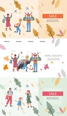 Fototapeta premium Sale banners set for different seasons with people shopping goods. Discount flyers and big sale special offer posters template, flat cartoon vector illustration.