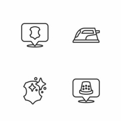 Set line Thimble for sewing, Leather, and Electric iron icon. Vector