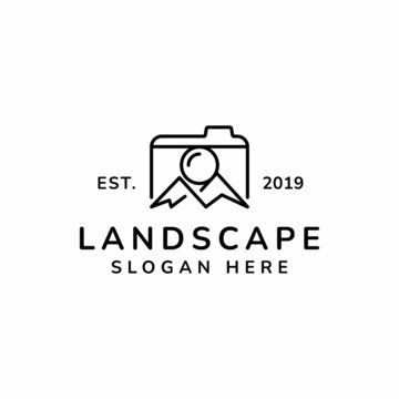 Mountain Landscape with Camera Logo Design Vector