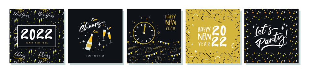 Happy New Year- 2022 . Collection of greeting background designs, New Year, social media promotional content. Vector illustration