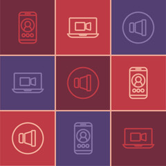 Set line Video chat conference, Speaker volume and icon. Vector