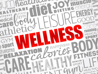 Wellness word cloud collage, health concept background