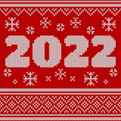 Fototapeta na wymiar New Year Seamless Knitted Pattern with number 2022. Knitting Sweater Design. Wool Knitted Texture. Vector illustration 