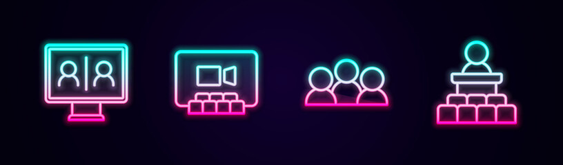 Set line Video chat conference, Meeting and Speaker. Glowing neon icon. Vector