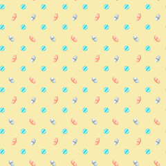 Watercolor medical pattern with tablets and capsules on a yellow background
