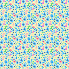 Watercolor pattern with blue flowers, twigs on a yellow background