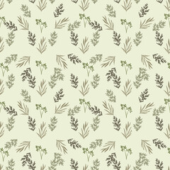 Doodle herbs and plants seamless pattern. Organic textile and wrapping paper background. Seamless texture with nature elements.