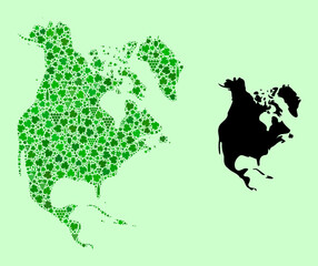 Vector Map of North America. Composition of green grape leaves, wine bottles. Map of North America collage designed with bottles, berries, green leaves.