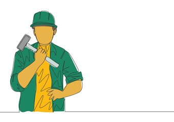 Single continuous line drawing of young craftsman holding hammer and wearing uniform with helmet. Handyman house renovation service concept. One line draw design illustration