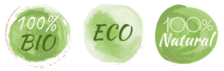 Eco, organic food labels. Set of green logos for natural products. Eco and bio, products, natural food, 100 healthy food.