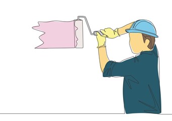 Single continuous line drawing of young handyman painting house wall with paint roller. Painter wall renovation service concept. One line draw design illustration
