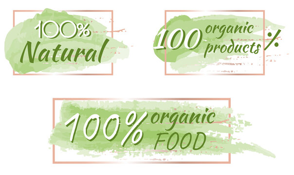 Vector green with gold splashes emblems in a watercolor style for natural products. Natural, organic food, bio, eco-design elements.